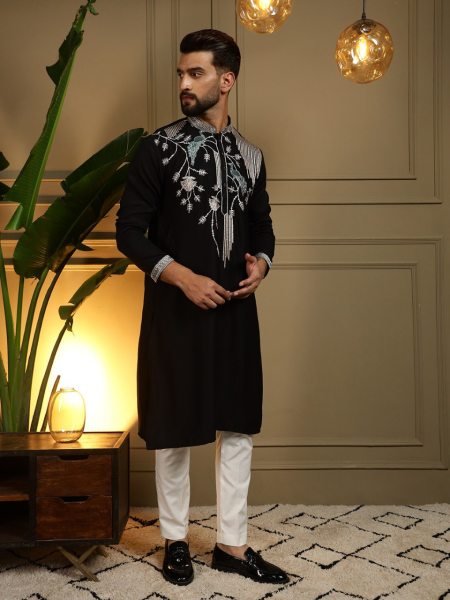Marvelous Black Designer Men's Kurta Pyjama with Viscose Silk Embroidery Work Kurta Pajama Wholesale