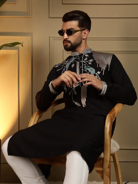 Marvelous Black Designer Men's Kurta Pyjama with Viscose Silk Embroidery Work Kurta Pajama Wholesale
