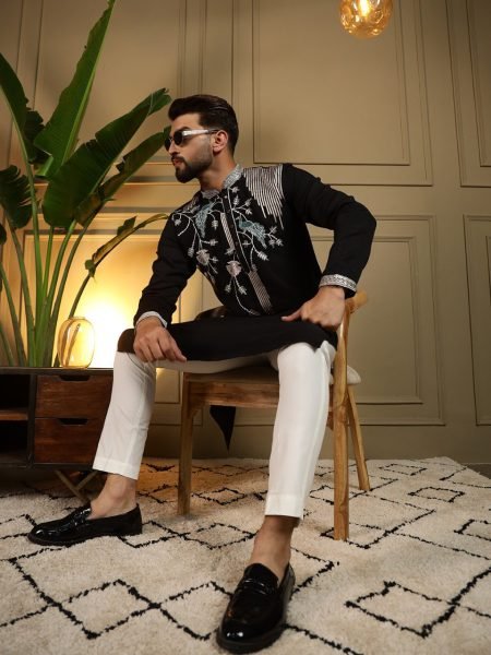 Marvelous Black Designer Men's Kurta Pyjama with Viscose Silk Embroidery Work Kurta Pajama Wholesale