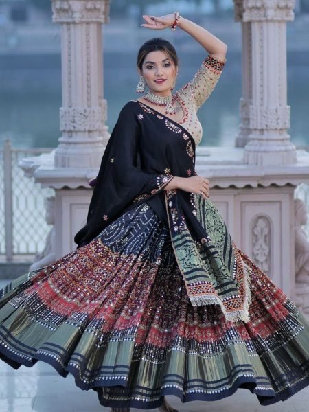 Marvelous Black Digital Printed Soft Silk Designer Navratri Lehenga Choli Set  Lehenga