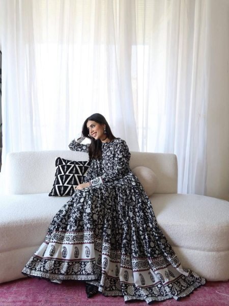 Marvelous Black Maslin Cotton Gown Set with Dupatta for Casual and Festive Wear Ready To Wear Suit