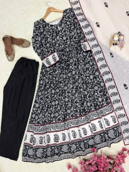 Marvelous Black Maslin Cotton Gown Set with Dupatta for Casual and Festive Wear Ready To Wear Collection