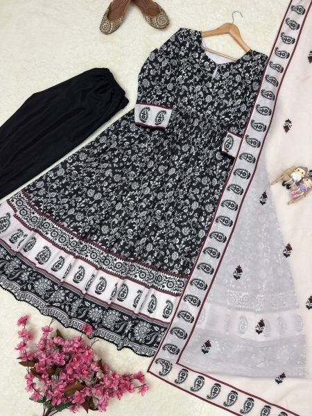 Marvelous Black Maslin Cotton Gown Set with Dupatta for Casual and Festive Wear Ready To Wear Collection