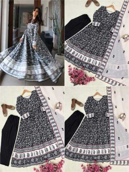 Marvelous Black Maslin Cotton Gown Set with Dupatta for Casual and Festive Wear Ready To Wear Collection