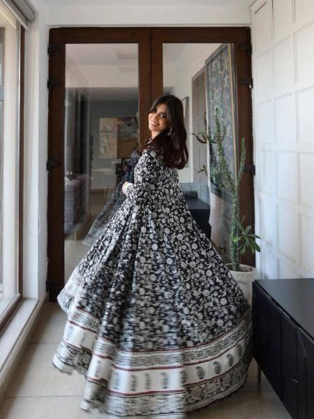 Marvelous Black Maslin Cotton Gown Set with Dupatta for Casual and Festive Wear Ready To Wear Collection