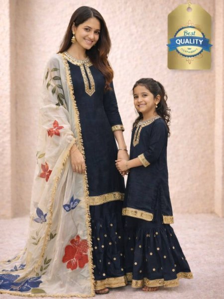 Marvelous Black Mother-Daughter Matching Sharara Suit Set With Dupatta Kurtis