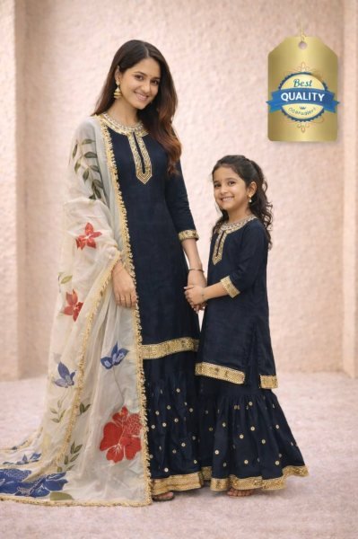 Marvelous Black Mother-Daughter Matching Sharara Suit Set With Dupatta Mom-Doughter Collection