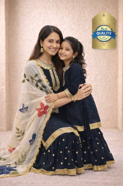 Marvelous Black Mother-Daughter Matching Sharara Suit Set With Dupatta Mom-Doughter Collection
