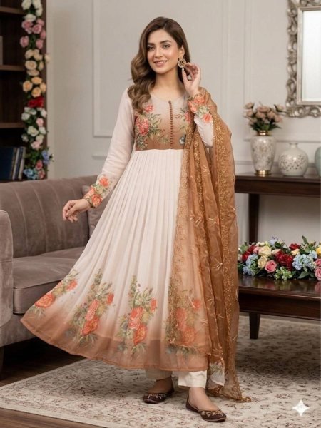 Marvelous Brown Heavy Georgette Gown with Handwork for Festive and Evening Wear Kurtis