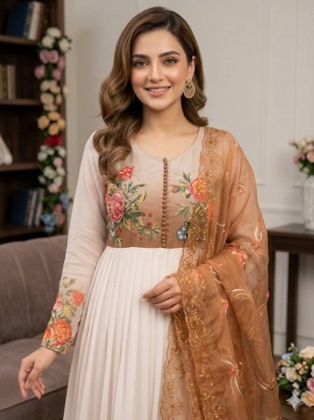 Marvelous Brown Heavy Georgette Gown with Handwork for Festive and Evening Wear Anarkali Kurtis 