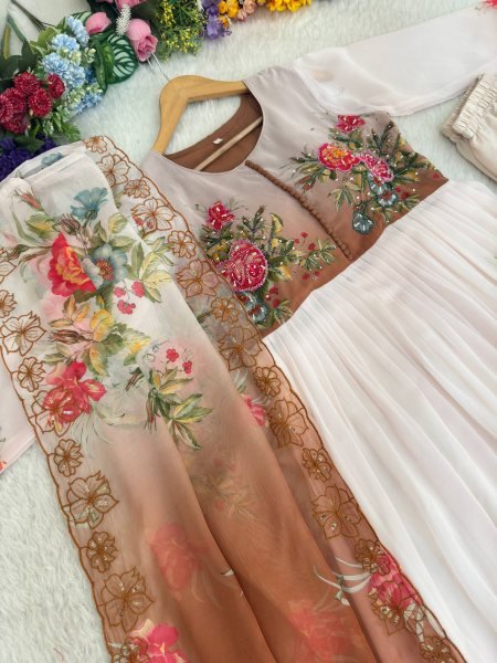 Marvelous Brown Heavy Georgette Gown with Handwork for Festive and Evening Wear Anarkali Kurtis 