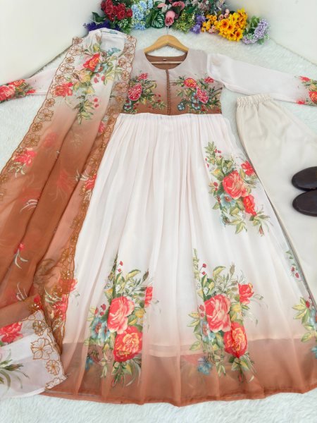 Marvelous Brown Heavy Georgette Gown with Handwork for Festive and Evening Wear Anarkali Kurtis 