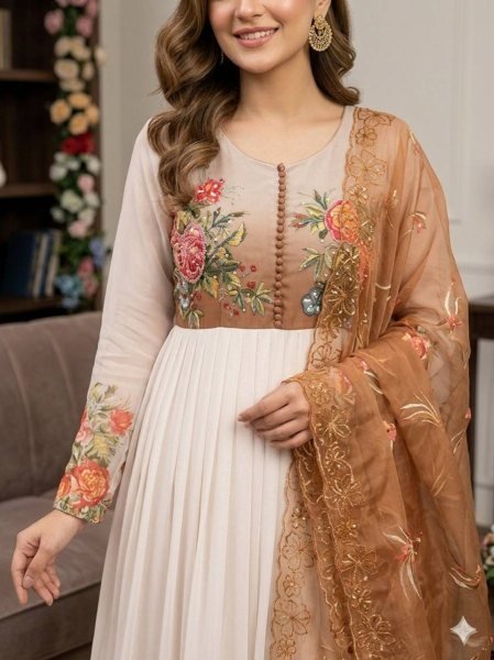 Marvelous Brown Heavy Georgette Gown with Handwork for Festive and Evening Wear Anarkali Kurtis 