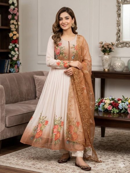 Marvelous Brown Heavy Georgette Gown with Handwork for Festive and Evening Wear Anarkali Kurtis 