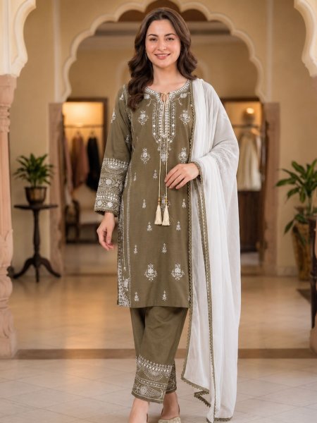 Marvelous Brown Rayon Embroidered Kurti with Palazzo and Paper Mirror for Party Wear 