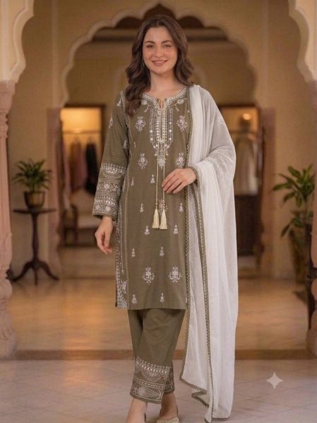 Marvelous Brown Rayon Embroidered Kurti with Palazzo and Paper Mirror for Party Wear Ready To Wear Collection