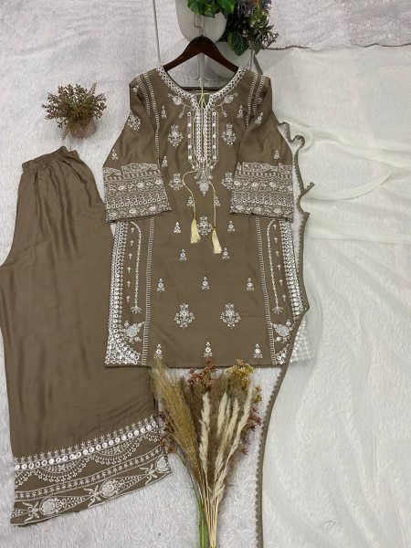 Marvelous Brown Rayon Embroidered Kurti with Palazzo and Paper Mirror for Party Wear Ready To Wear Collection
