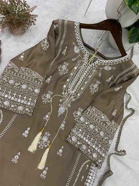 Marvelous Brown Rayon Embroidered Kurti with Palazzo and Paper Mirror for Party Wear Ready To Wear Collection