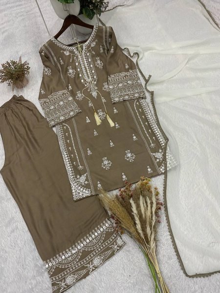 Marvelous Brown Rayon Embroidered Kurti with Palazzo and Paper Mirror for Party Wear Ready To Wear Collection
