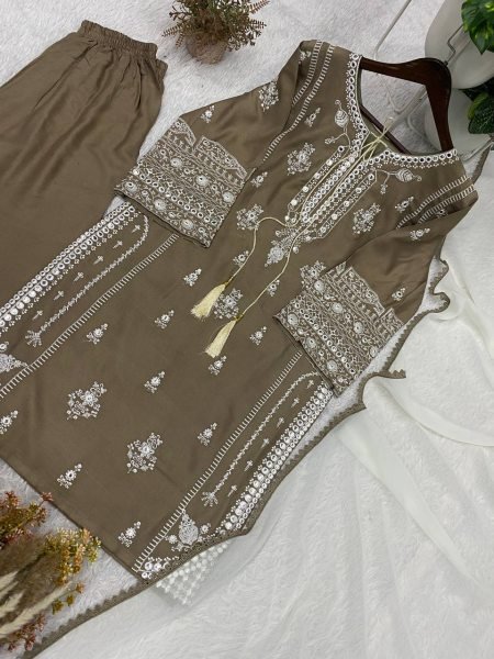 Marvelous Brown Rayon Embroidered Kurti with Palazzo and Paper Mirror for Party Wear Ready To Wear Collection