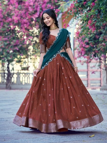 Marvelous Brown Women's Chinon Checks Lehenga with Unstitched Blouse For Onam  Lehenga