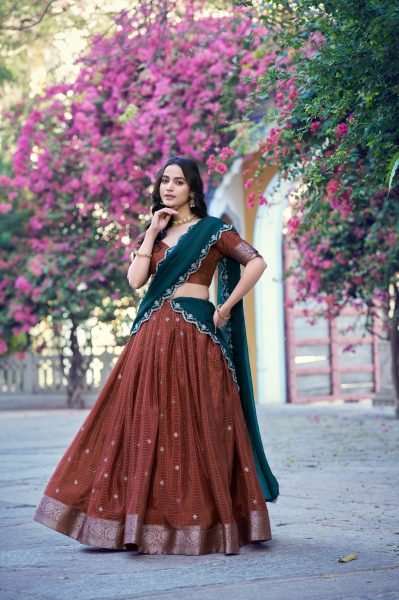Marvelous Brown Women's Chinon Checks Lehenga with Unstitched Blouse For Onam Designer Lehenga Choli