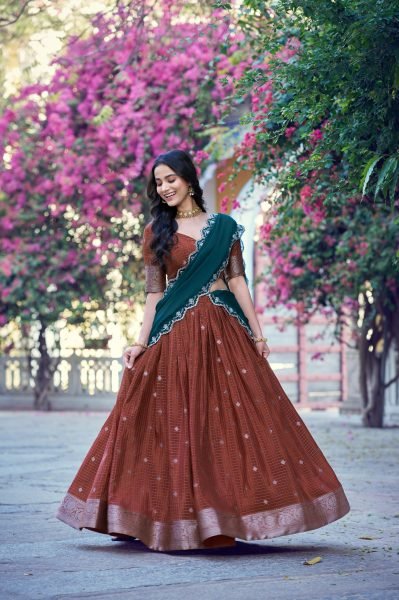 Marvelous Brown Women's Chinon Checks Lehenga with Unstitched Blouse For Onam Designer Lehenga Choli