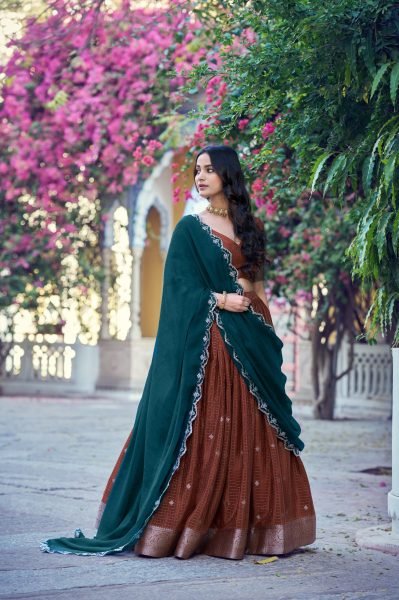 Marvelous Brown Women's Chinon Checks Lehenga with Unstitched Blouse For Onam Designer Lehenga Choli