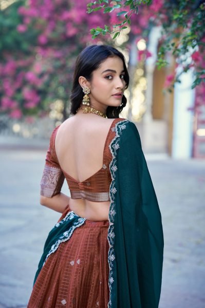 Marvelous Brown Women's Chinon Checks Lehenga with Unstitched Blouse For Onam Designer Lehenga Choli