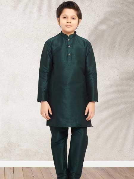 Marvelous Dark Green Kids Art Banarasi Silk Kurta Chudidar Set for Wedding Wear 