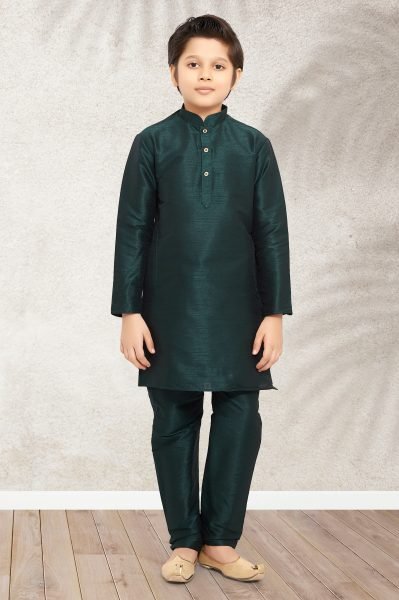 Marvelous Dark Green Kids Art Banarasi Silk Kurta Chudidar Set for Wedding Wear Boys Wear