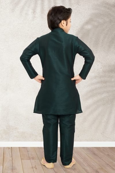 Marvelous Dark Green Kids Art Banarasi Silk Kurta Chudidar Set for Wedding Wear Boys Wear