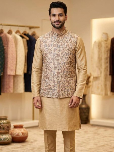 Marvelous Golden Stylish Mens Kurta Set with Koti for Special Occasions