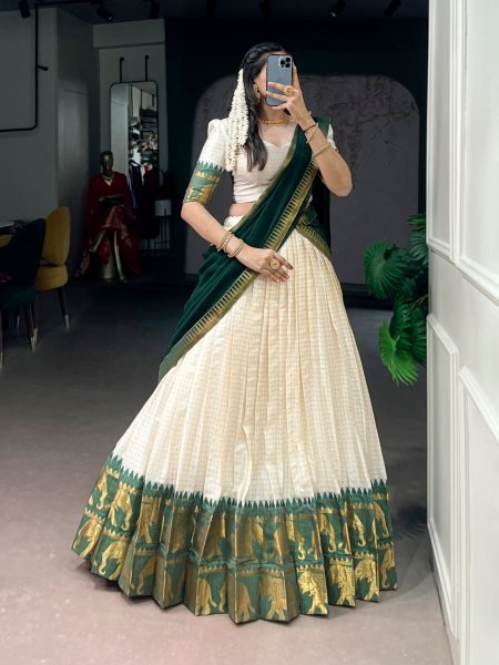 Marvelous Green Poly Cotton Lehenga Choli with Traditional Zari Weaving for Festive Wear Half Saree Lehenga