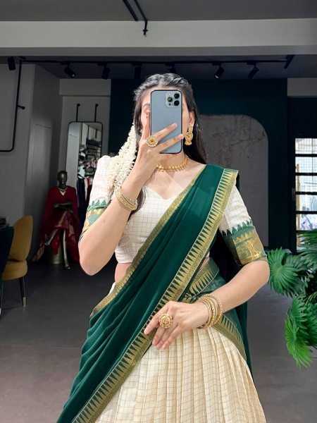 Marvelous Green Poly Cotton Lehenga Choli with Traditional Zari Weaving for Festive Wear Half Saree Lehenga