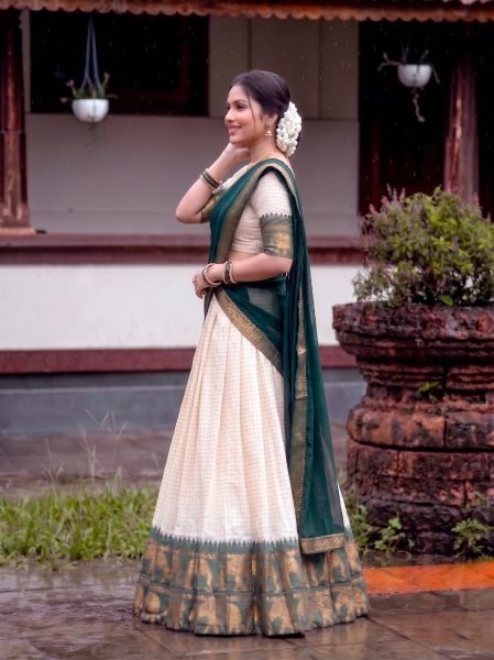 Marvelous Green Poly Cotton Lehenga Choli with Traditional Zari Weaving for Festive Wear Half Saree Lehenga