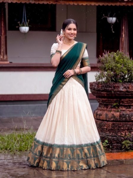 Marvelous Green Poly Cotton Lehenga Choli with Traditional Zari Weaving for Festive Wear Half Saree Lehenga