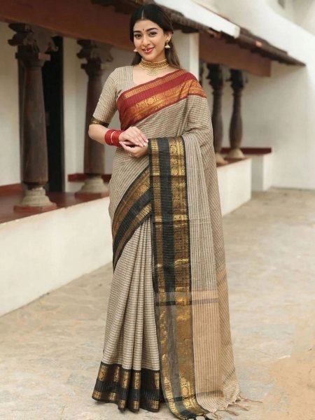 Marvelous Grey Katan Weaving Silk Saree with Gold Zari Butti Design for Festive Wear Sarees 