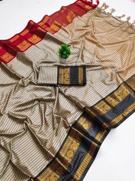 Marvelous Grey Katan Weaving Silk Saree with Gold Zari Butti Design for Festive Wear South Indian Saree 