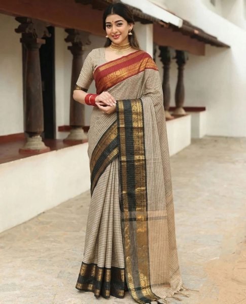 Marvelous Grey Katan Weaving Silk Saree with Gold Zari Butti Design for Festive Wear South Indian Saree 