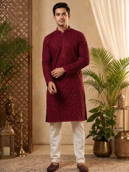 Marvelous Maroon Boutique Quality Rayon Long Kurta with Raymond Cotton Pajama 