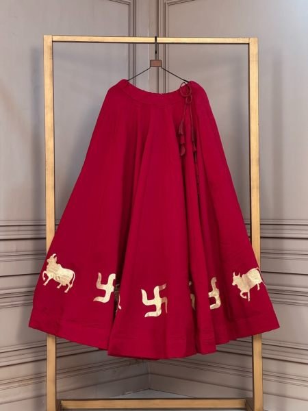 Marvelous Maroon Navratri 2026 Roman Lehenga with Cow and Swastik Gota Lace  Lehenga