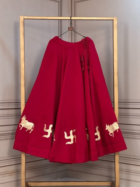 Marvelous Maroon Navratri 2026 Roman Lehenga with Cow and Swastik Gota Lace Navratri Lehnega Choli