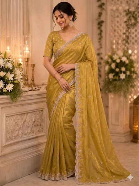 Marvelous Mustered Yellow Elegant Beads Work Saree with Matching Blouse Sarees 
