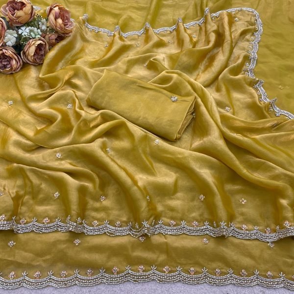 Marvelous Mustered Yellow Elegant Beads Work Saree with Matching Blouse Bollywood Fancy Sarees Wholesale