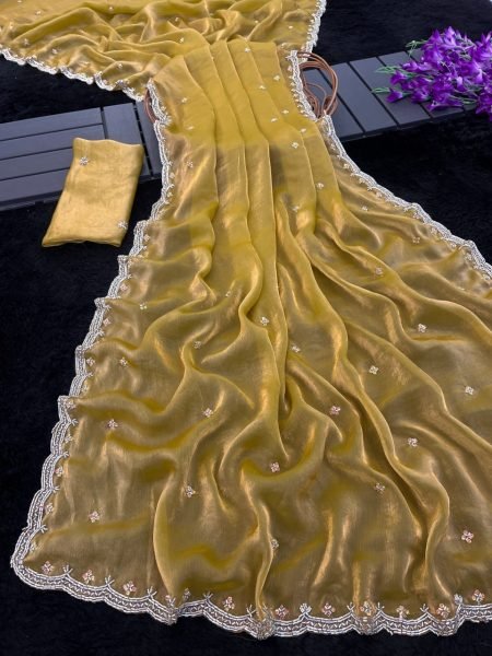 Marvelous Mustered Yellow Elegant Beads Work Saree with Matching Blouse Bollywood Fancy Sarees Wholesale