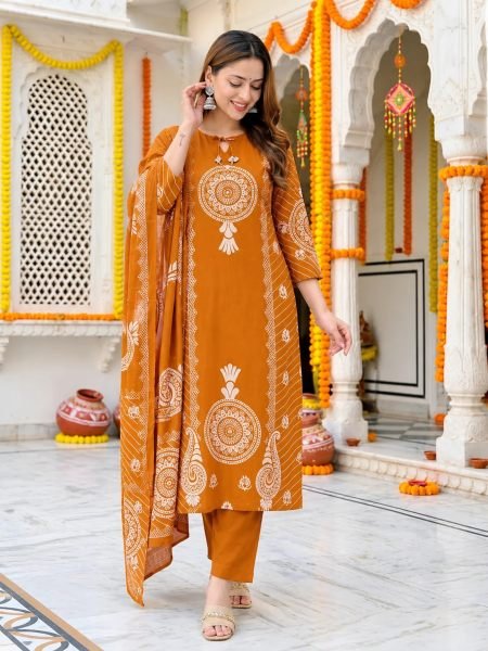 Marvelous Orange Designer Bandhani Print Cotton Suit Set with Mirror Work Neck 