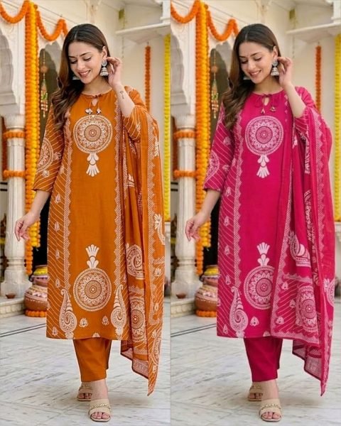 Marvelous Orange Designer Bandhani Print Cotton Suit Set with Mirror Work Neck Cotton Kurtis Wholesale