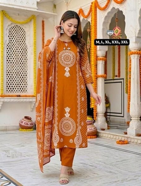 Marvelous Orange Designer Bandhani Print Cotton Suit Set with Mirror Work Neck Cotton Kurtis Wholesale
