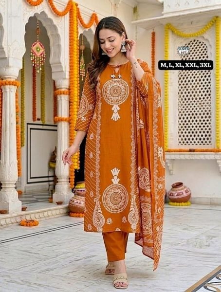 Marvelous Orange Designer Bandhani Print Cotton Suit Set with Mirror Work Neck Cotton Kurtis Wholesale
